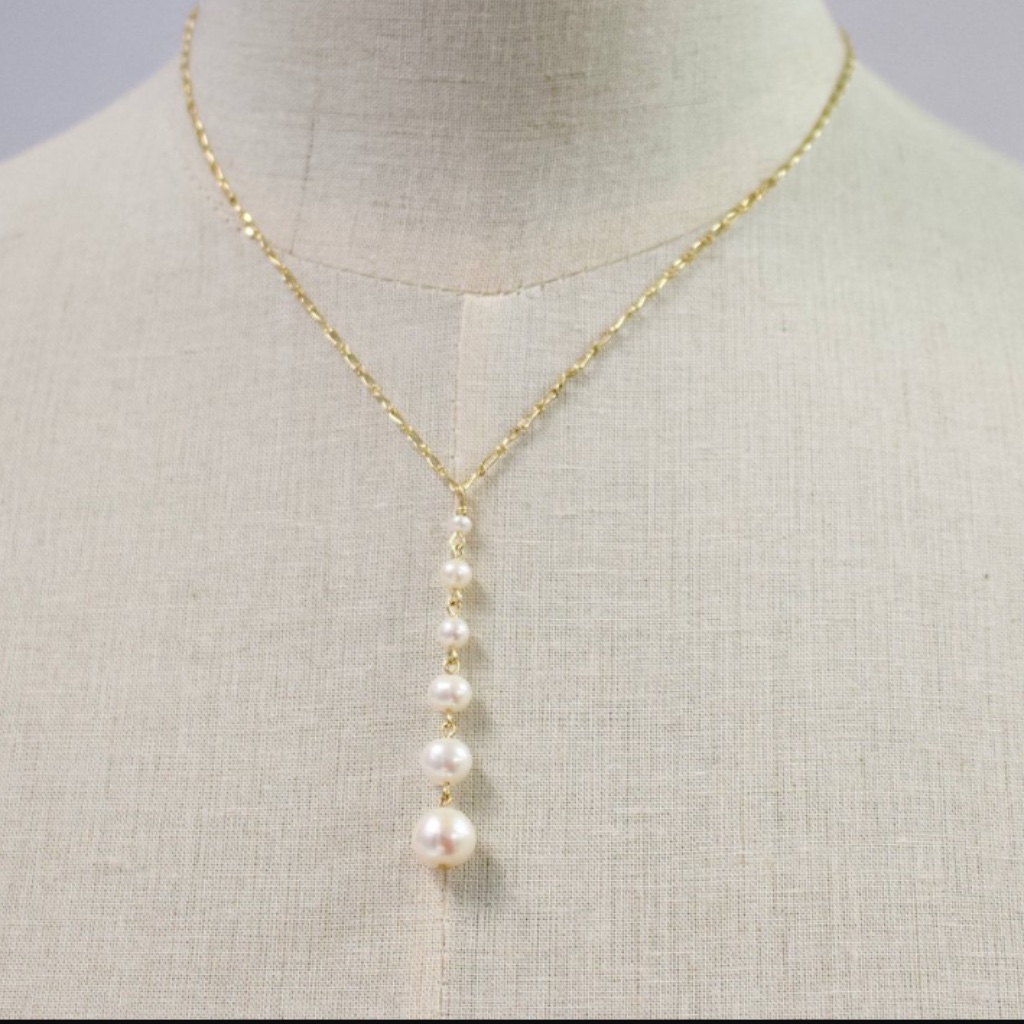 Pearl Chain Necklace - Gold Plated Brass W/ Dangling Dropped Freshwater Pearls